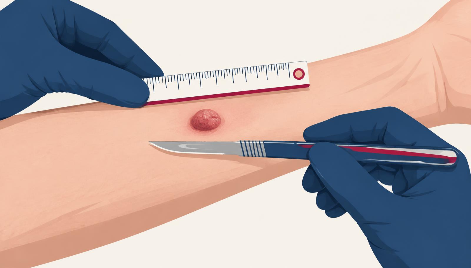 Illustration of a small skin lesion on a forearm measured with a centimeter ruler before shave removal