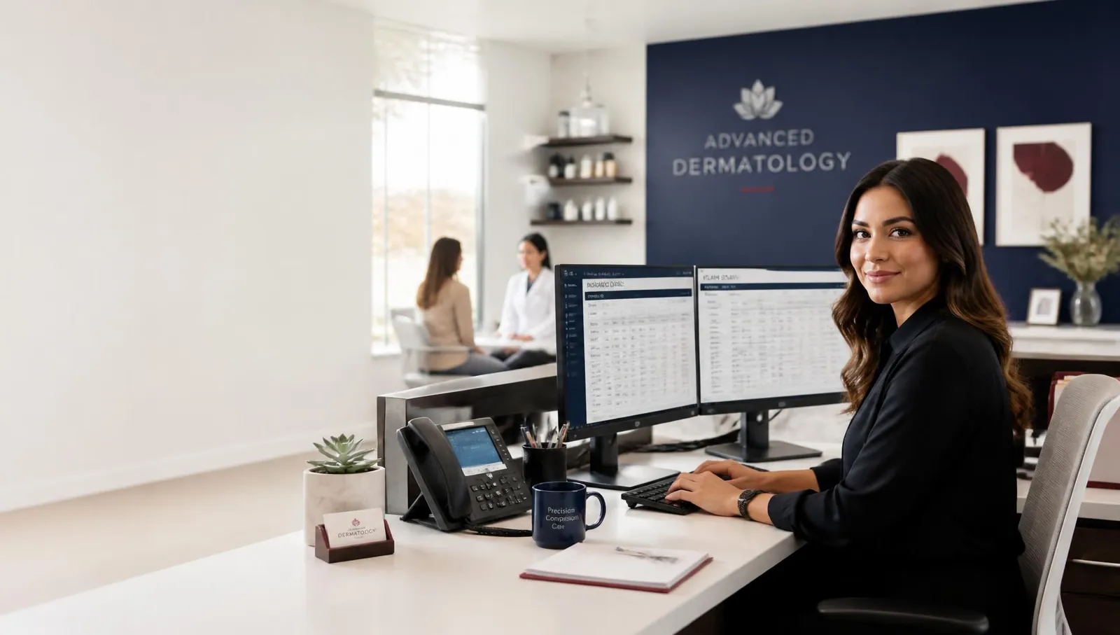Dermatology practice administrator reviewing insurance claims in a modern clinic