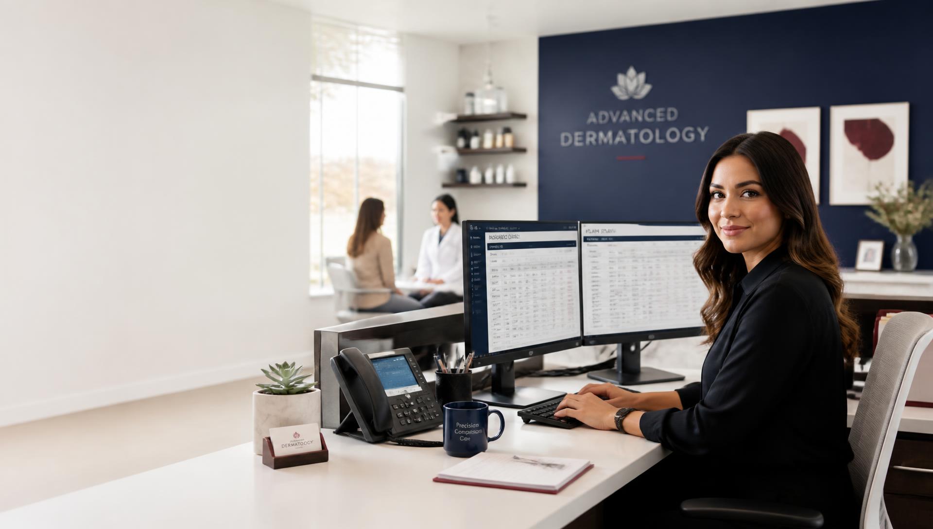 Dermatology practice administrator reviewing insurance claims in a modern clinic