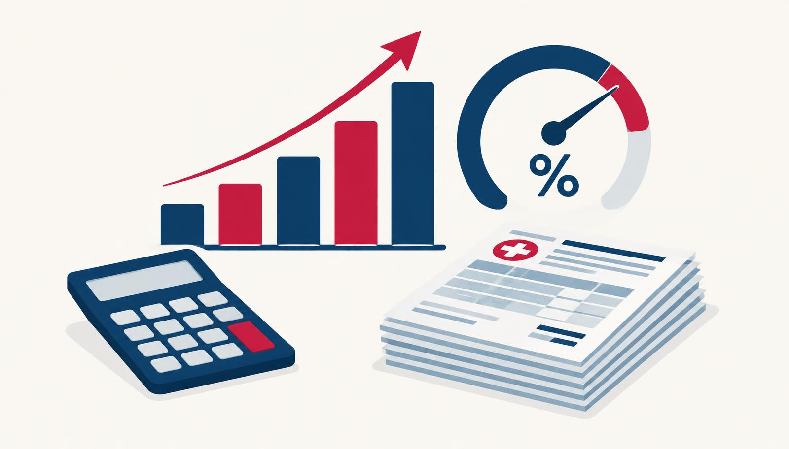 Illustration of a rising bar chart, a percentage gauge, a calculator and claim forms