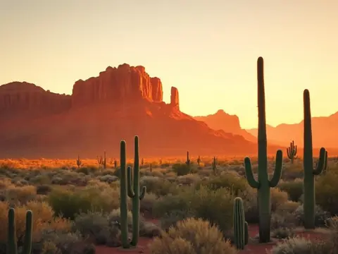 Arizona desert landscape with red rock buttes and saguaro cacti at sunset