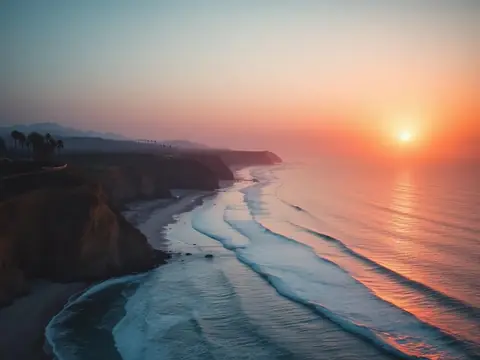 California coastline with cliffs and palm trees at sunset