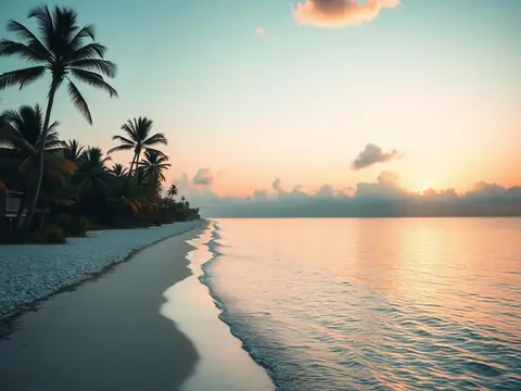 Florida coastline at sunrise with palm trees and turquoise water