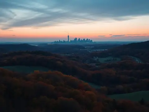 Hudson Valley autumn hills with the Manhattan skyline at dusk