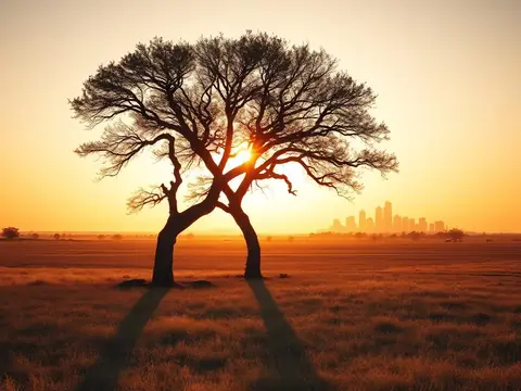 Texas plains at golden hour with a lone oak tree and distant city skyline